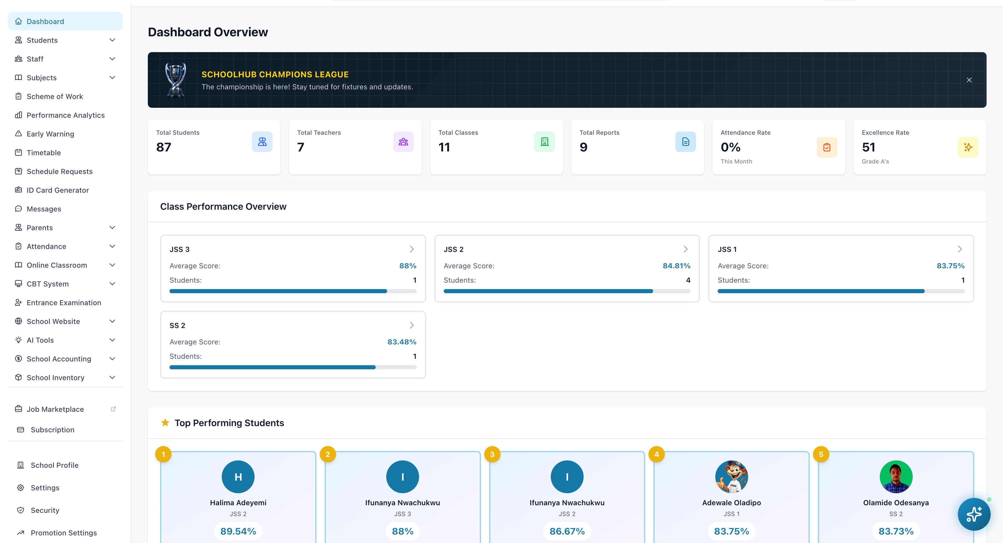 SchoolHub dashboard overview showing student management